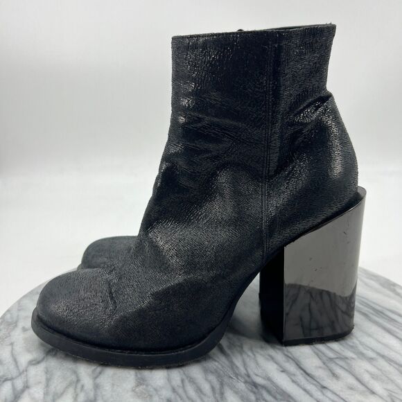 Giampaolo Bootie Women 38 Crinkle Gloss Black Reflective Square Heel Ankle Boots - Picture 4 of 13